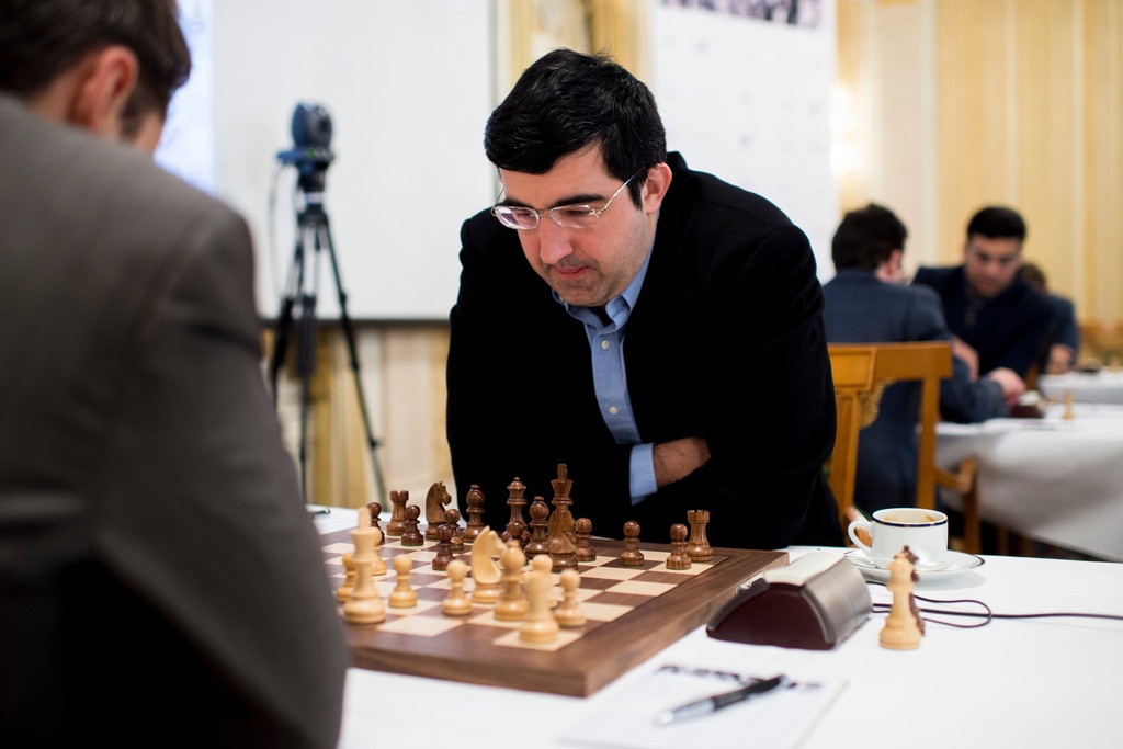 Russian chess grandmaster Vladimir Kramnik, right, concentrates during a February 2015 game against U.S. grandmaster Lewon Aronjan during the Zurich Chess Challenge.